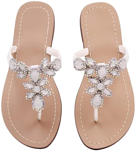 Image of Rhinestone Sandals for Women - Sparkly Jeweled Bling Thong Flip Flops, Dressy Gemstone Flat Sandals for Wedding, Party, Beach & Summer Outfits