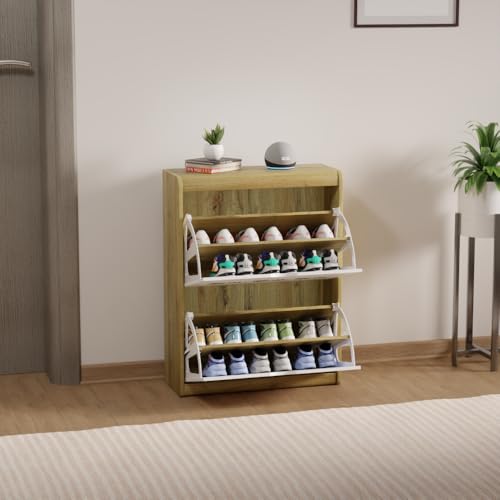 Image of beAAtho Zento Shoe Cabinet with Tilt-Out Drawers | Modern Wooden Shoe Organizer for Home & Office | Durable & Elegant | DIY | (Wotan Oak- Biege)