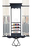 ISZY Billiards Pool Stick Holder Wall Mount - Cue Rack w/Cup Holders, Holds 10 Cues & Full Ball Set - Billiards Accessories - Black