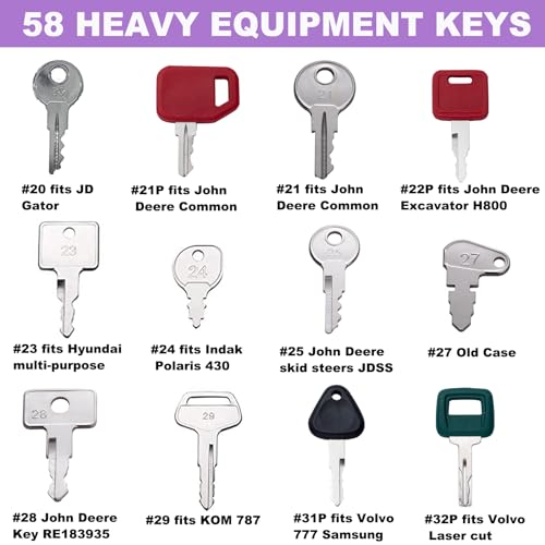 Image of 58 Heavy Equipment Key Master Set, Construction Ignition Key Heavy Machinery Fits Cat Caterpillar John Deere Komatsu Bobcat Kubota JCB Case Hyster Yanmar Daewoo Takeuchi New Holland