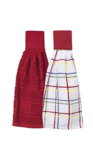 Ritz Kitchen Wears 100% Cotton Checked & Solid Hanging Tie Towels, 2 Pack