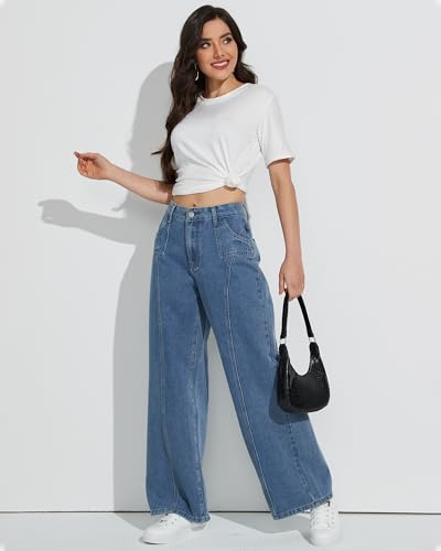 Mid Rise Wide Leg Jeans for Women Loose Front Seam Straight Leg Boyfriend Denim Pants Trendy4