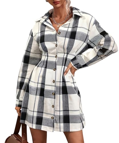 DDFWSSVC Damen Herbst Winter 2025 Flanell Karierte Hemdkleid Langarm Knopf-Down Mini Kleid,Weiß,XL