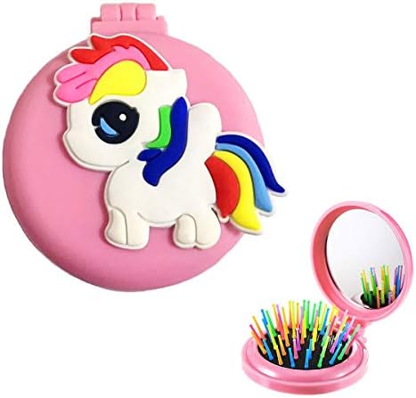 Folding Hair Brush, Unicorn Vanity Mirror with Rainbow Bristle Hairbrush Portable for Kids Girls Travel School Use, Small Compact Mirror