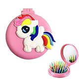 Folding Hair Brush, Unicorn Vanity Mirror with Rainbow Bristle Hairbrush Portable for Kids Girls Tra