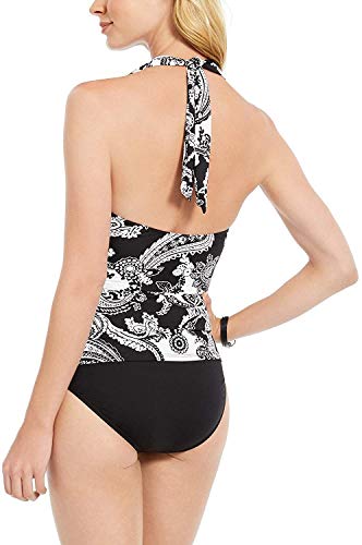 LAUREN RALPH LAUREN Top de tanquíni feminino estampado Paisley com controle de barriga, Preto/branco