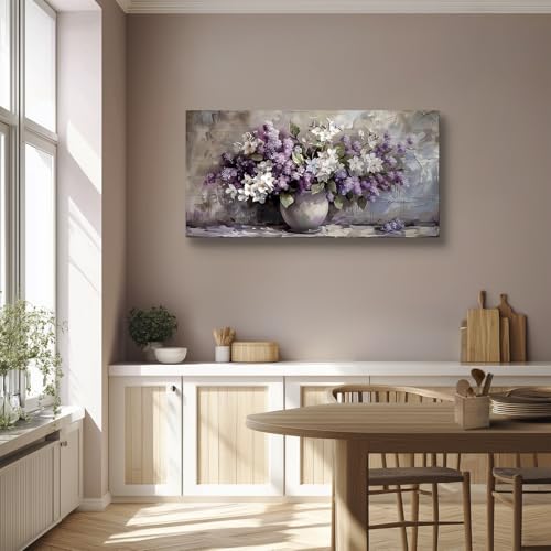 SERIMINO Large Wall Art for Living Room, Still Life Flowers Canvas Prints, Purple Floral Botanical Decor Paintings, Modern Aesthetic Pictures Wall Decor, Farmhouse Kitchen Artwork 24"X48"