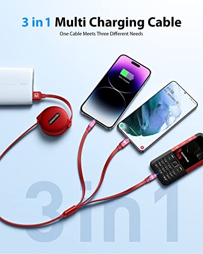 Cafele Multi Charging Cable【Handy Charging】 3In1 Retractable Usb Charging Cable With Type C/Micro Usb/Ip, Multiple Phone Charger Cord For Phone 14 13 12 11, Samsung S23 S22 S21(4Ft)-Red #TOP1