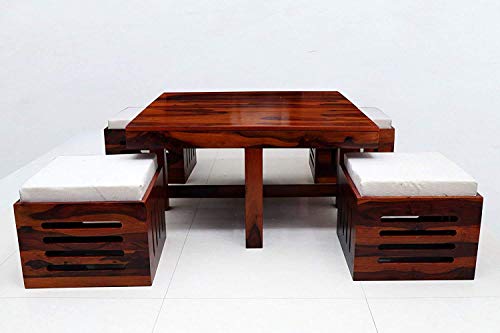Image of Jangid Handicraft Solid Sheesham Wood Coffee Table with 4 Stool | Square Sofa Centre Table with Stool | Tea Center Table with 4 Stools for Living Room | Patio Teapoy Table with Four Puffy, Dark Honey