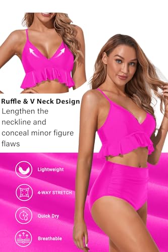 Image of Women Ruffle Bikini Set High Waisted Tummy Control Two Piece Swimsuits | Ruffle,High Waisted,Tummy Control,Removable Bra Pads,Adjustable Shoulder Straps,Full Coverage
