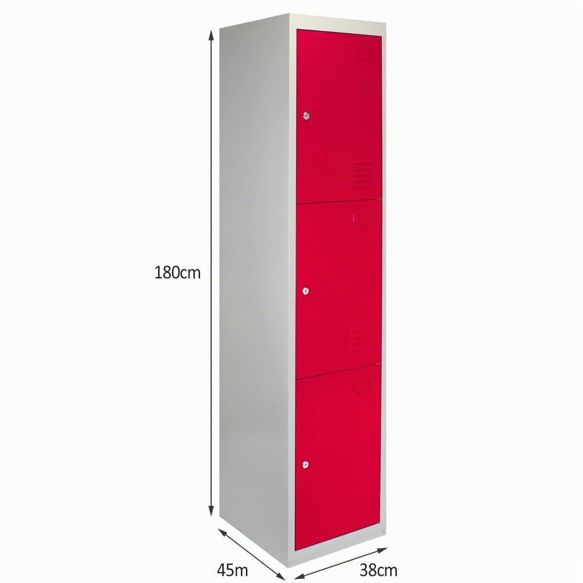 Monster Shop - Armadietto da Montare con 3 Porte Con Chiusura a Chiave in Acciaio 45cm x 38cm x 180cm per Scuole Palestre e Spogliatoi - Rosso