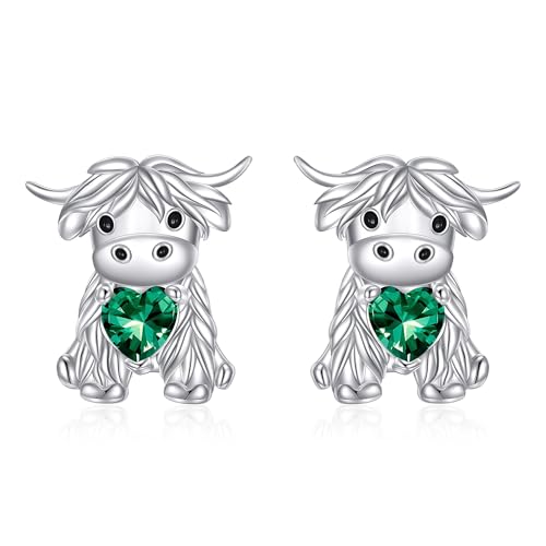 Bijou pour femme en argent et pierre de naissance mai motif vache des Highlands