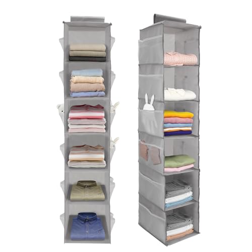 Chostky 2Pack Hanging Wardrobe Storage Organiser, 6 Shelves Clothes Hanging Storage Shelves With Side Pockets, Closet Organiser Foldable Hanging Shelves Unit for Home Bedroom Clothes Accessories