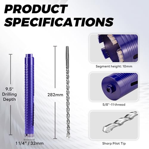 Image of 1-1 /4 inch Core Drill Bit with Pilot Bit & Adapters(SDS Plus and 1 /2 inch Hex), 5 /8 inch-11 Thread, 9.5 inch Depth, Upgraded-Welded Segments Diamond Core Bits for Concrete, Masonry, Brick, Stone