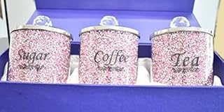 Biznest Crushed Diamond PINK Diamante Tea Coffee Sugar Canisters Jars Organiser Containers Set Gift Present For All Occasion Home Decoration