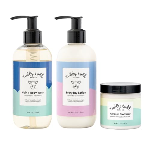 TUBBY TODD 3-Step Baby Bath & Skincare Routine – The Regulars Bundle – 8.5oz Baby Shampoo and Body Wash, 8.5oz Everyday Lotion & 3.5oz All Over Ointment – Lavender Rosemary