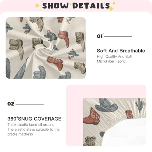 Image of Western Cowboy Boots Vintage Crib Sheets Soft Breathable Fitted Baby Crib Sheets Mattress Cover for Girls Boys, 52 inch x 28 inch x 9 inch