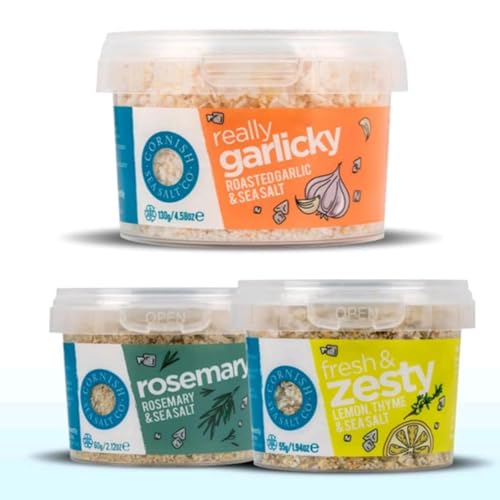 Cornish Sea Salt Best With Chicken Trio Bundle | 3 Natural & Unrefined Salts and Seasoning | Suitable for Vegans | Garlic 55g, Rosemary Salt 60g and Lemon & Thyme Sea Salt 55g