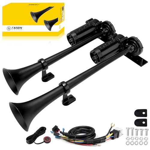 FARBIN Dual Trumpet Air Horn, 12V Train Horn for Truck with 2 Air Compressors,178dB Loud Horns for Any 12V Vehicles Trucks Pickups SUV Lorrys Boats (Black Integrated Trumpet with Button)