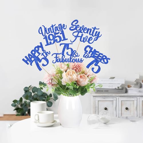 Image of 15 PCS 75th Birthday Centerpiece Sticks Glitter Seventy Five Happy 75 Vintage 1951 Table Flower Centerpieces Sticks Cheers to 75 Fabulous Floral Decorations for 75th Birthday Party Supplies Blue