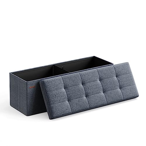 Songmics Puff Almacenaje, Baúl de Almacenaje Plegable, 38 x 110 x 38 cm, Taburete Reposapiés, Banco de Cubo, Soporta hasta 300 kg, para Sala de Estar, Dormitorio, Entrada, Azul Niebla LSF077Q01