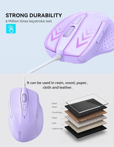 Image of TECKNET Wired Mouse, 6-Button Corded with 4 Adjustable DPI, Optical Ergonomic Design, 5FT Cord for Laptop, Chromebook, PC, Desktop, Mac, Notebook - LT.Purple