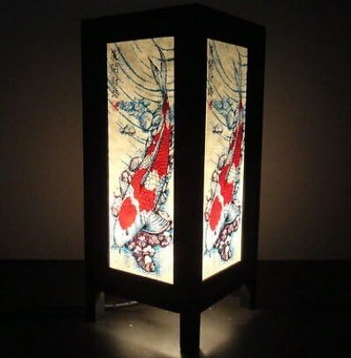 RED BERRY THAILAND LANNA LAMP Bedside Japanese Lamp - Vintage Asian Inspired Decorative Lamp - Bedroom Nightstand, Desk, Living Room, Dorm (Carp Koi Fish1 JY1H)