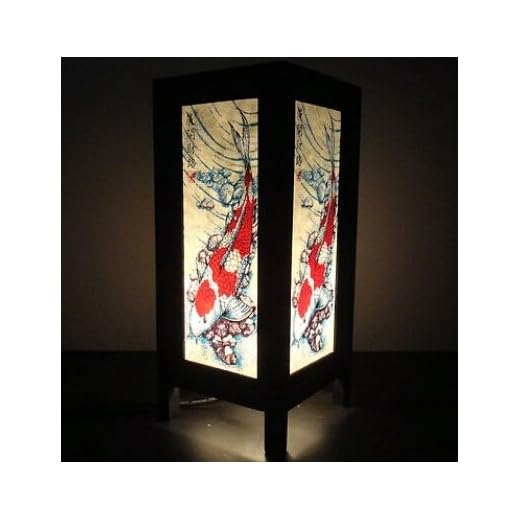 Red Berry Bedside Japanese Lamp - Vintage Asian Inspired Decorative Table Lamp with Fabric Square Lamp Shade - Carp Koi Fish Lamp for Bedroom Nightstand, Desk, Living Room, Dorm (Carp Koi Fish1)