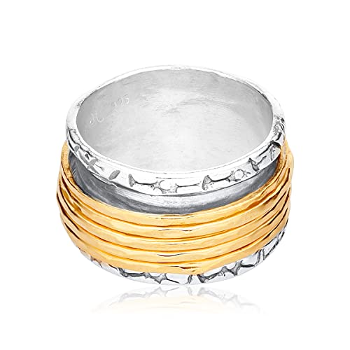 925 Sterling Silver Rotating Spinner Ring With 5 One Micron 14K Gold Plated Sterling Silver Hammered Spinner Rings Hypoallergenic Nickel And Lead-Free Artisan Handcrafted Designer Collection Made In Israel #TOP2