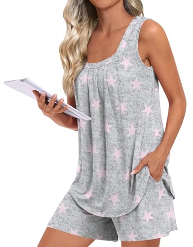 Image of LONGYUAN Womens Sleeveless Pajama Set Soft Summer Lounge Shorts Tank Top Sleepwear with Pockets 2 Piece Set M-3XL