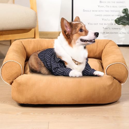 RUYICZB Dog Sofa Bed, Orthopedic Dog Sofa Memory Foam Mattress, Durable Calming Dog Pet Cuddler Soft Sleeping, Washable Dog Bed with Anti-Slip Bottom & Removable Cushion,Khaki,M