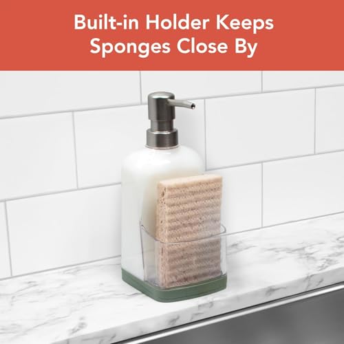 Spectrum Cora Kitchen Soap Dispenser with Sponge Holder for Kitchen Sink Organization, Easy to Clean Soap Pump Sponge Holder Storage Compartment Plastic Sink Caddy with Rubber Grip Base, Thyme & Clear by Spectrum - Image 5