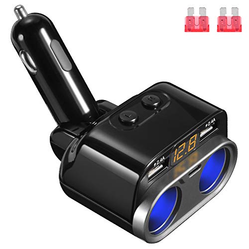 Caricabatteria per Auto USB Doppio, 12/24V 80W Adattatore per Caricabatteria da Auto con 2 Splitter per Accendisigari, 2 Porte di Ricarica USB 2.4A, Type-C Porta per Tutti i Telefoni iPad GPS Dash Cam
