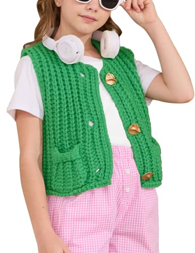Flygo Girls Sweater Vest Chunky Button Down Crochet Knit Cardigan Trendy Sleeveless Sweaters Top with Pockets 5-14 Years