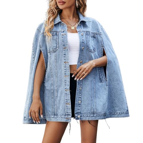 Women's Vintage Distressed Denim Jacket Sleeveless Buttoned Cape Coat