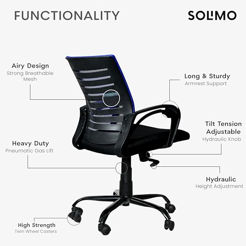 Image of Amazon Brand - Solimo Worklo Mid Back Office Chair for Work from Home | Study | Revolving | Computer (Heavy Duty Powder Coated Metal Base, Stylish Blue Mesh)