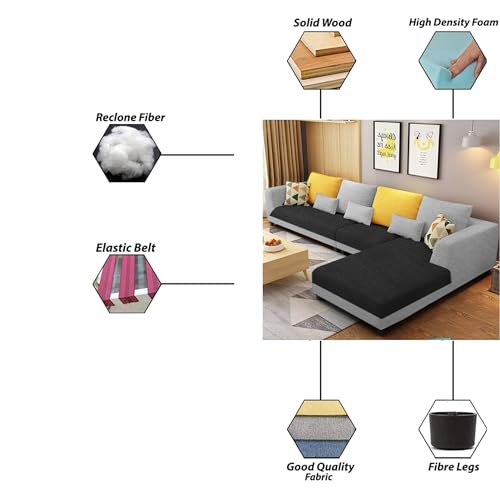 Image of Galib RHS 6 Seater L Shape Sofa Set for Living Room (Black Grey Fabric) Premium Fabric Sofa