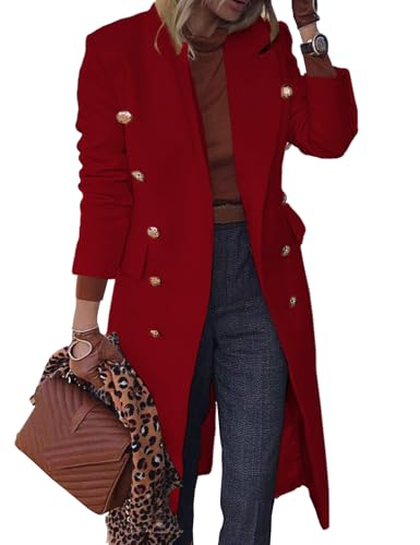 Image of IDEALSANXUN Wool Coats for Women 2025 Fall Winter Dress Peacoat Long Trench Coat Double Breasted Blazer Jackets Overcoat, Maple Red, S