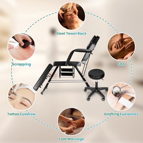 CETIVENO Massage Table Tattoo Chair, Adjustable Folding Salon Bed for Massage, Multipurpose Massage Bed Lash Bed with 2 Tier Storage Rack, 24.8\" H X 70.8\" L,Black - Thumbnail 7