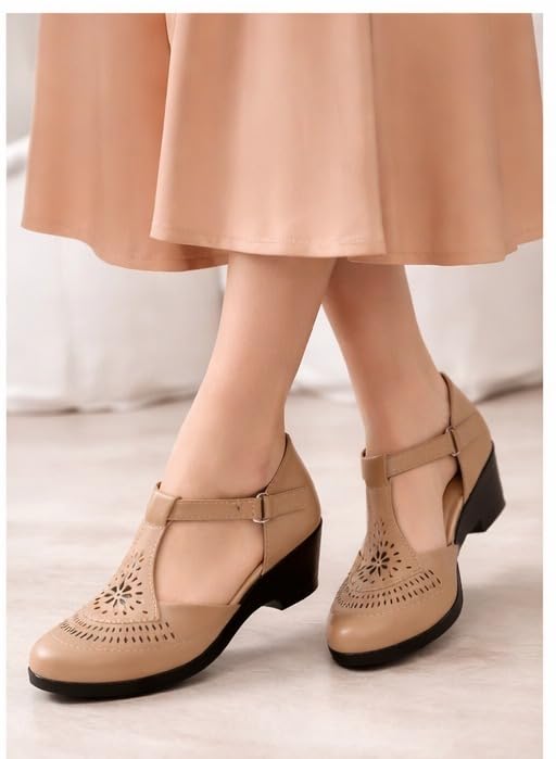 Image of Women Stylish T-Strap Sandal & Wedge Heel Shoes with Closed Toe