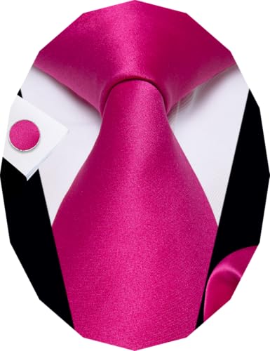 Image of YourTies Hot Pink Ties for Men Silk Necktie Pocket Square Cufflinks Set Solid Color Formal Business Party Wedding