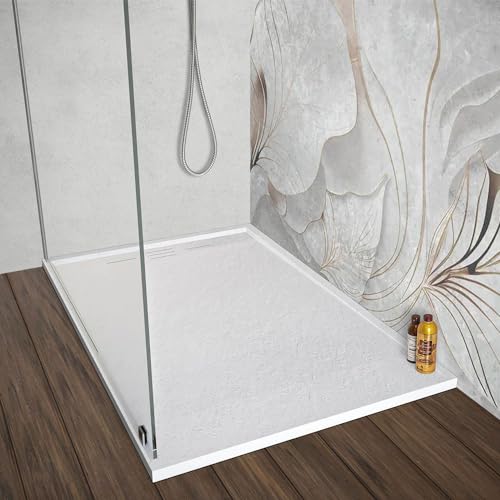 Piatto Doccia 80X120 Cm Bianco Effetto Pietra In Resina, Spessore 3 Cm E Scarico Con Canalina, Riducibile Su Misura Argo