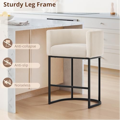 Image of LUE BONA Counter Height Bar Stools Set of 4, Modern Barrel Counter Stools with Backrest and Arms, Black Metal Frames, Linen Fabric Upholstered Accent Barstools for Kitchen Island, Linen Color