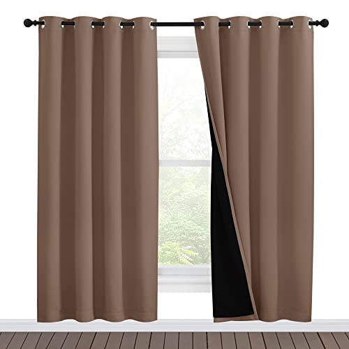 Image of NICETOWN Living Room Completely Shaded Draperies, Privacy Protection & Noise Reducing Ring Top Drapes, Black Lined Insulated Window Treatment Curtain Panels(Cappuccino, 2 Pieces, W55 x L78)