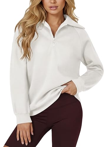 Rooscier Womens Quarter Zip Pullover Sweatshirt Fleece Lined Mock Neck Long Sleeve Soft Fall Outfits Tops White X-Small