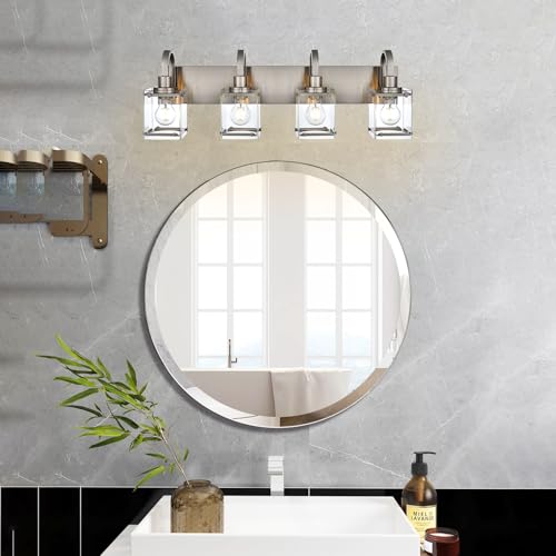 Image of Brushed Nickel Bathroom Light Fixtures, 4 -Light Vanity Lighting Fixture Over Mirror with Clear Glass Shade Wall Sconce Lighting for Mirror Kitchen Living Room Bedroom Hallway