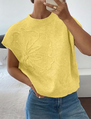Image of 2026 Womens Floral Sweater Vest Cute Cap Sleeve Tops 3D Flower Decor Knit Tank Top Loose Spring Fall Summer Clothes