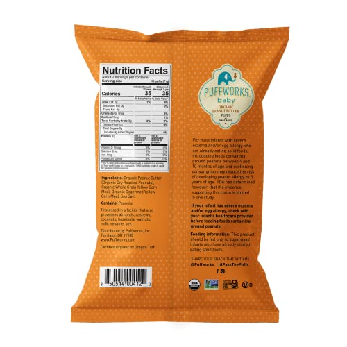 Puffworks Baby Organic Peanut Butter Puffs, Perfect For Early Peanut Introduction For Allergy Prevention, Plant-Based Protein, Usda Organic, Gluten-Free, Vegan, Non-Gmo, Kosher, 0.5 Ounce (Pack Of 12) #TOP2