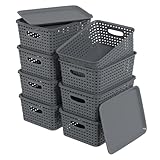 Asking 8-Pack Plastic Shelf Baskets with Lid, Plastic Lidded Storage Bin, Gray