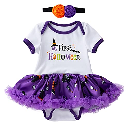 Toddler Baby Halloween Pumpkin Print Bodysuit Tutu Tulle Dress Flowers Headband Outfit Set Fashion Purple 3-6 Months
